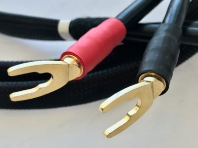 Silver loudspeaker cable spades